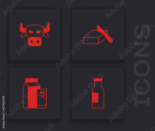 Set Bottle with milk, Cow head, Butter in butter dish and Paper package for kefir icon. Vector