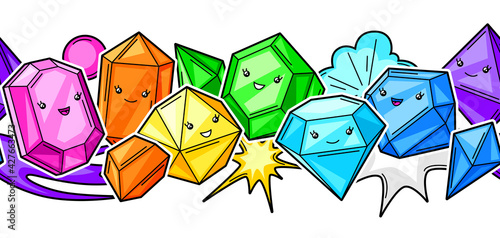 Seamless pattern with cute kawaii crystals or gems.