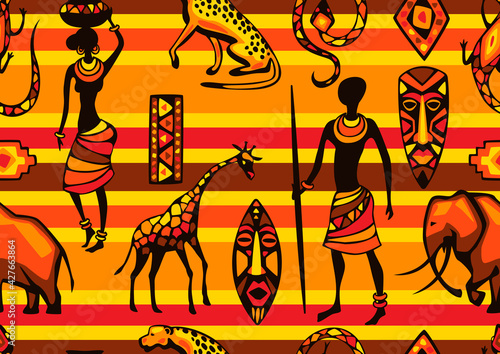 African ethnic seamless pattern. People, animals and masks.