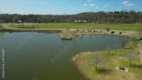 Drone flyover of fishing pond at Liberty Park in Clarksville, Tennessee photo