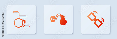 Set Hearing aid, Wheelchair and Eyeglasses. White square button. Vector