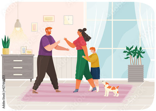 Problems and conflict in family, fight and arguing, quarreling over child in family. Unhappy boy