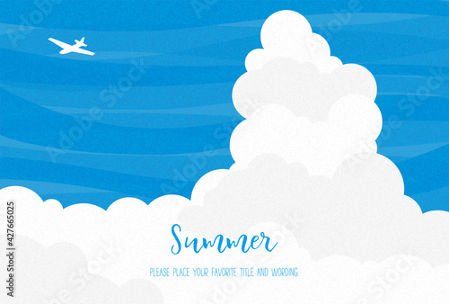 入道雲と飛行機の夏イメージイラスト素材