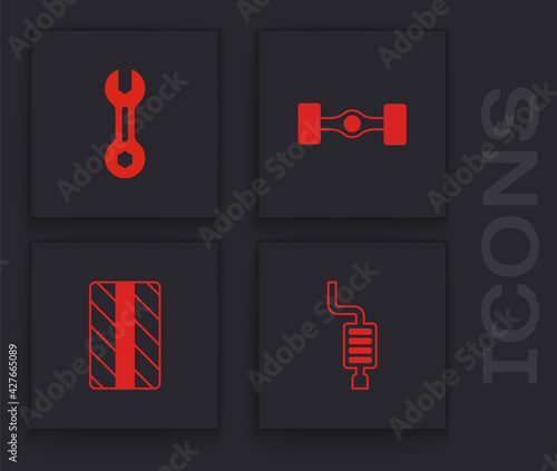 Set Car muffler, Wrench spanner, Chassis car and tire wheel icon. Vector