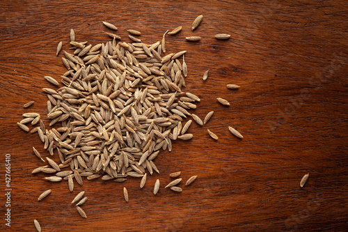 Macro close-up of Organic cumin seed (Cuminum cyminum) or jeera on wooden top background. Pile of Indian Aromatic Spice. Top view