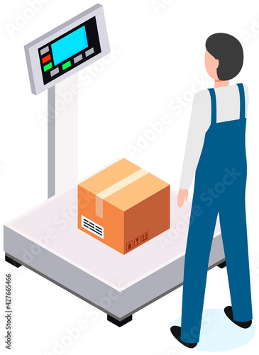 Measurement of weight of box with goods using scales. International shipping worldwide from China