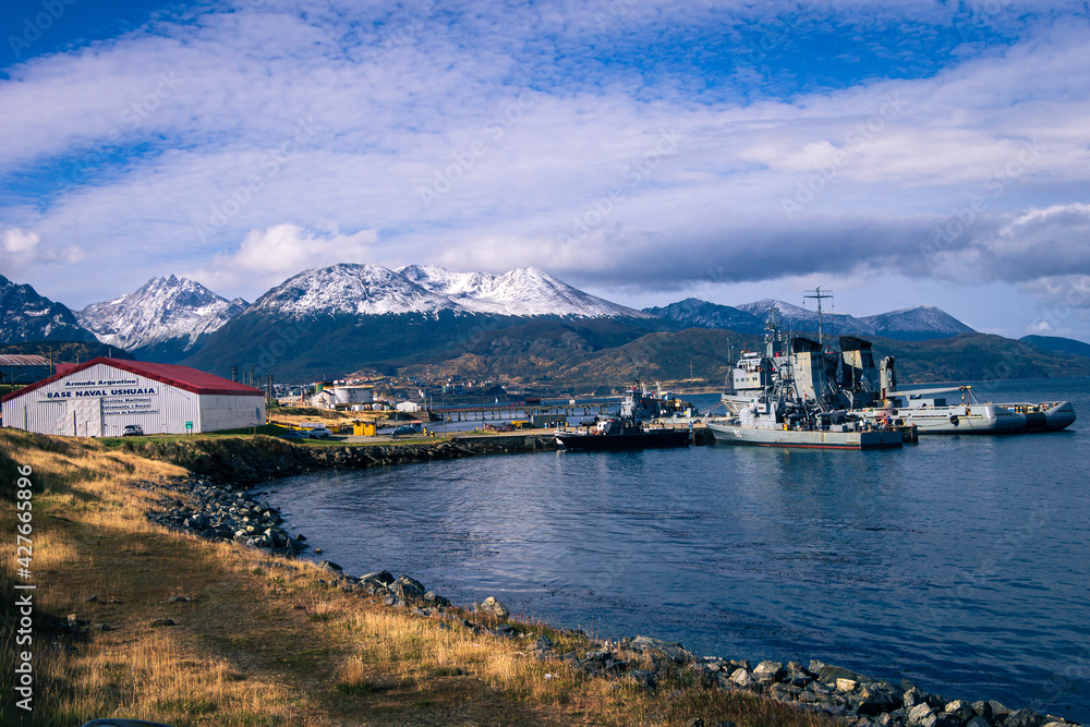 Panoramic view of the bay of Ushuaia. Port. Argentine naval base