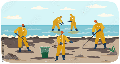 People in protective suits collecting contaminated areas of sand on shore and throwing them away