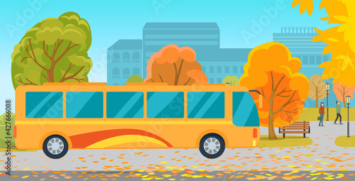 Empty park with bus at urban background. Station with seats and trees. Bus stop autumn landscape