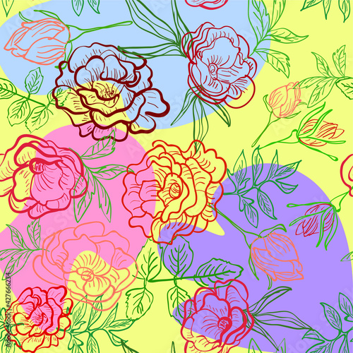 Flower pattern on spotted background with painted roses and abstract shapes