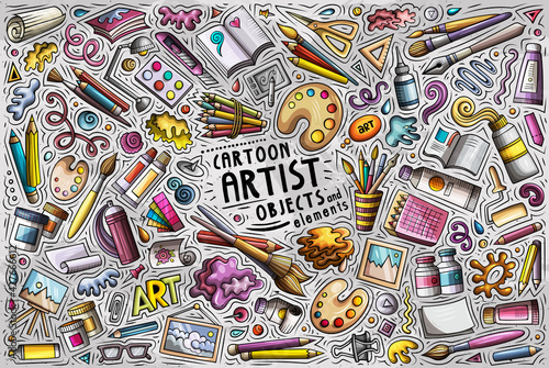 Cartoon set of Artist theme items, objects and symbols