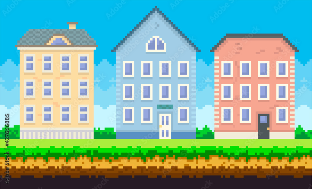 House surrounded by green spaces and plants. Building with many windows for pixel game design House surrounded by green spaces and plants. Building with many windows for pixel game design