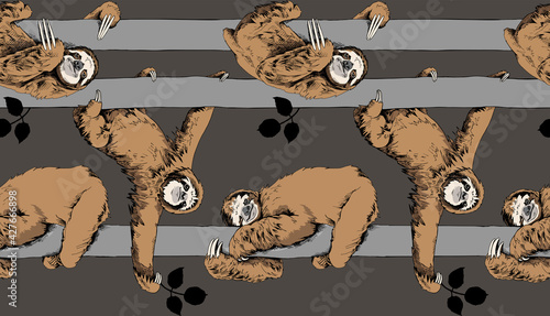 Seamless pattern. Funny brown Sloth on a trunk tree on a dark gray background. Textile composition, hand drawn style print. Vector illustration.