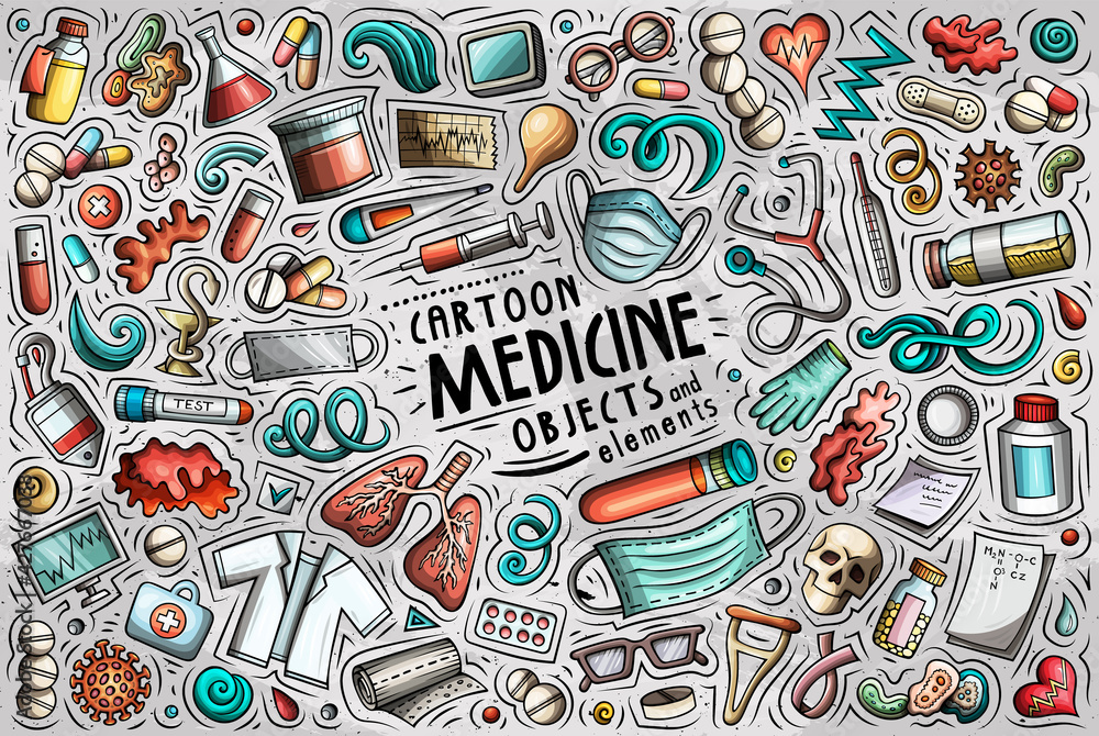 Cartoon set of medicine theme items, objects and symbols Cartoon set of medicine theme items, objects and symbols