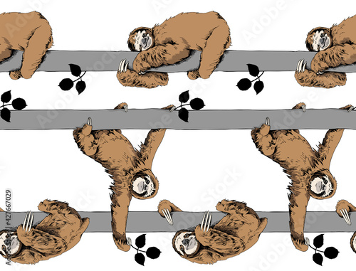 Seamless pattern. Funny brown Sloth on a gray trunk tree on a background. Textile composition, hand drawn style print. Vector illustration.