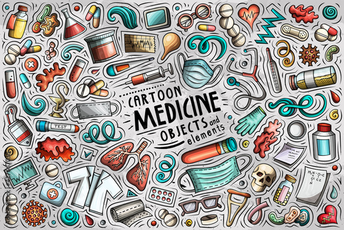 Cartoon set of medicine theme items, objects and symbols