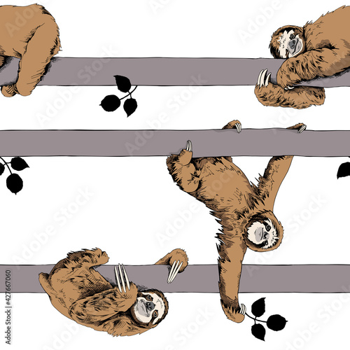 Seamless pattern. Funny brown Sloth on a gray trunk tree on a white background. Textile composition, hand drawn style print. Vector illustration.