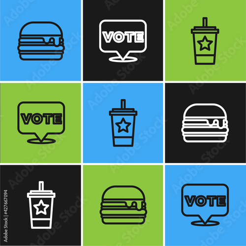 Set line Burger, Paper glass with straw and Vote icon. Vector