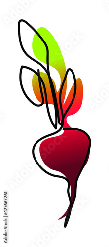 Vector illustration of red beet or beetroot with leaves in one line endless style. Green and pink abstract spot background. Can be applied as a sticker  icon  logo.