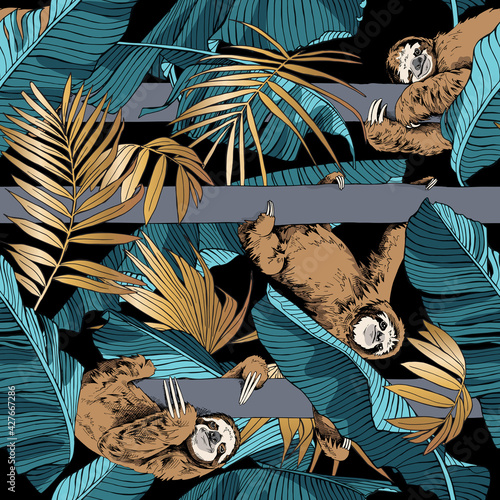 Seamless pattern. Funny brown Sloth on a trunk tree with a gold palm and blue-green banana leaves on a black background. Textile composition, hand drawn style print. Vector illustration.