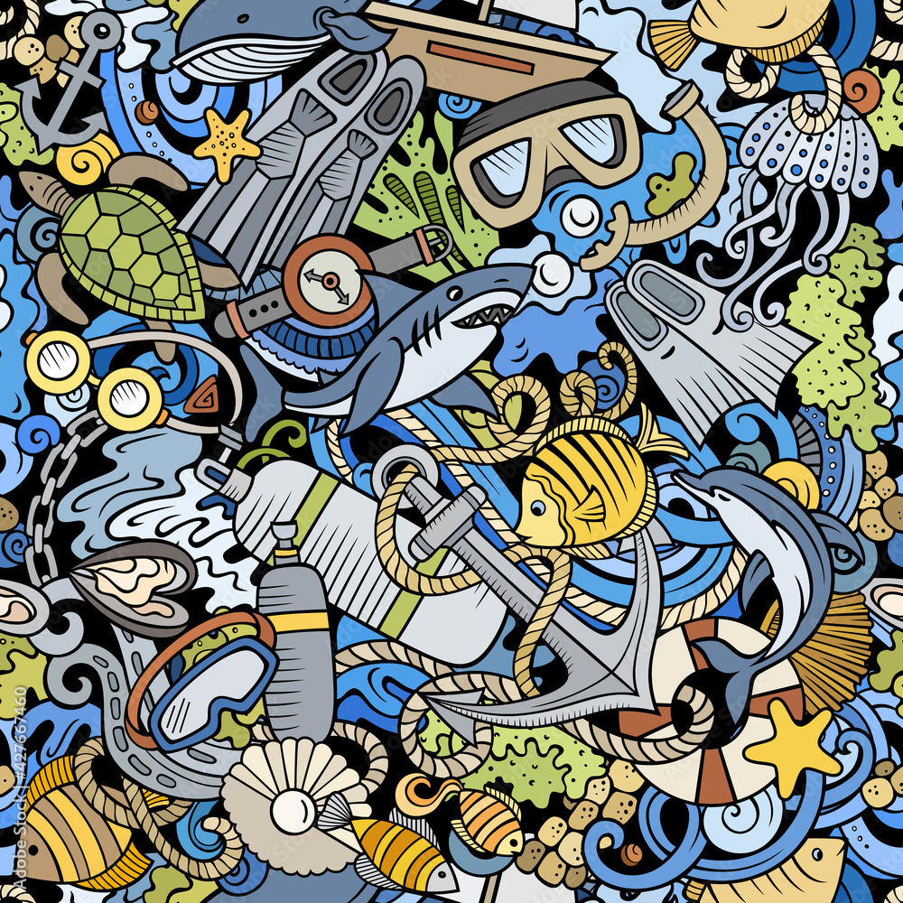Cartoon doodles Diving seamless pattern.