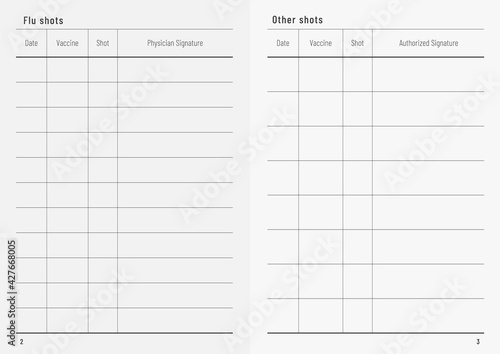 Record blank of vaccinations against influenza. Flue shots card template