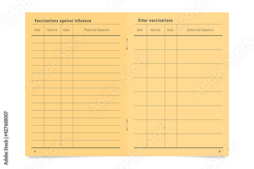 Record blank of vaccinations against influenza. Flue shots card template