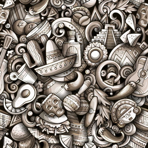 Cartoon doodles Mexico seamless pattern.