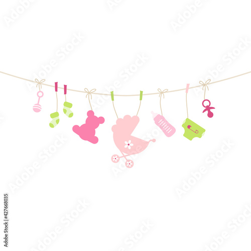 Quadrat Gebogene Leine Hängende Babysymbole Mädchen Pink Grün