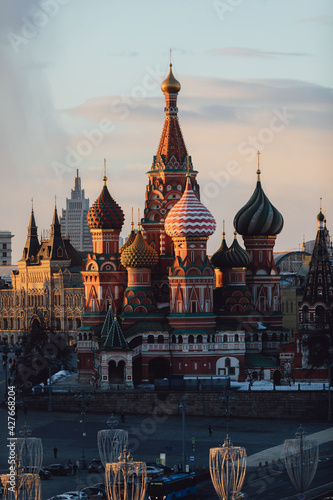 Moscow. St Basil's Cathedral on Red Square. Ancient Moscow Kremlin is the main tourist attraction of city. Beautiful view of city on sunset.