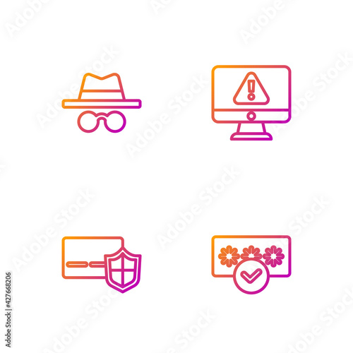 Set line Password protection, Credit card with shield, Incognito mode and Monitor exclamation mark. Gradient color icons. Vector
