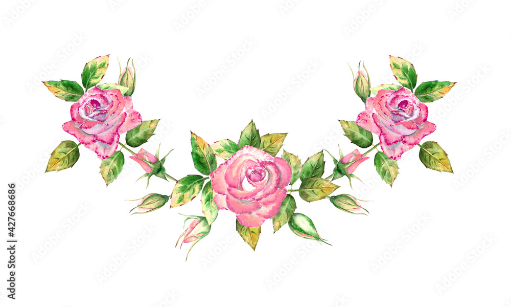 Bouquet with 3 pink rose flowers, green leaves, open and closed flowers. Delicate watercolor illustration