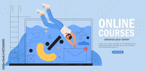 Woman dive into notebook or laptop. Online smm, design, programming courses and other internet profession concept. Start or advance your business or career banner, web landing page, advertisement.