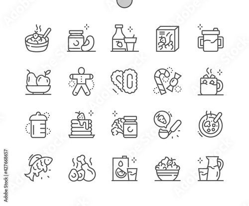 Baby food. Childhood Nutrition. Milk, yoghurt, flakes, juice, fruit, cake, eggs and meat. Natural and tasty. Pixel Perfect Vector Thin Line Icons. Simple Minimal Pictogram