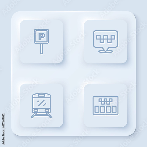 Set line Parking, Location with taxi, Train and Taximeter. White square button. Vector
