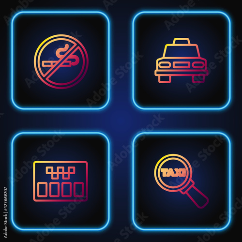 Set line Magnifying glass and taxi car, Taximeter, No Smoking and . Gradient color icons. Vector
