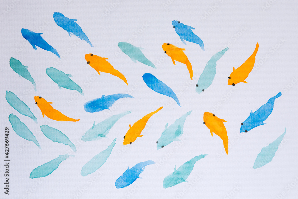 Water color Red and blue Koi carps swimming. Art brush fishes creative wallpaper on white background Water color Red and blue Koi carps swimming. Art brush fishes creative wallpaper on white background