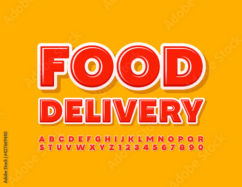 Vector modern logo Food Delivery with Bright Glossy Font. Set of Red Alphabet Letters and Numbers
