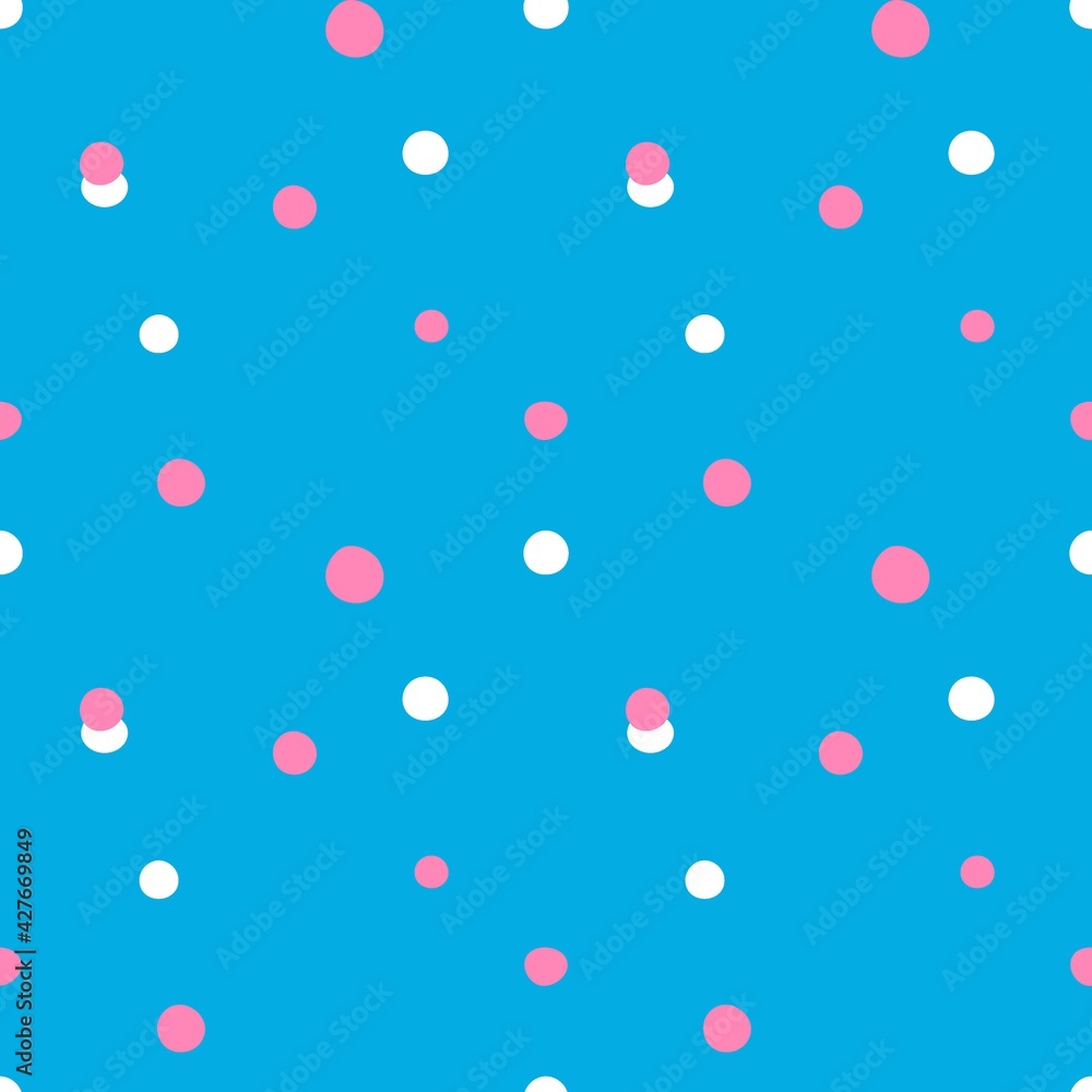 Doodle dots seamless pattern. Hand drawn decor textile, cute ornament white and pink circles on blue background. Abstact simple childish texture, wrapping paper wallpaper vector print or fabric Doodle dots seamless pattern. Hand drawn decor textile, cute ornament white and pink circles on blue background. Abstact simple childish texture, wrapping paper wallpaper vector print or fabric