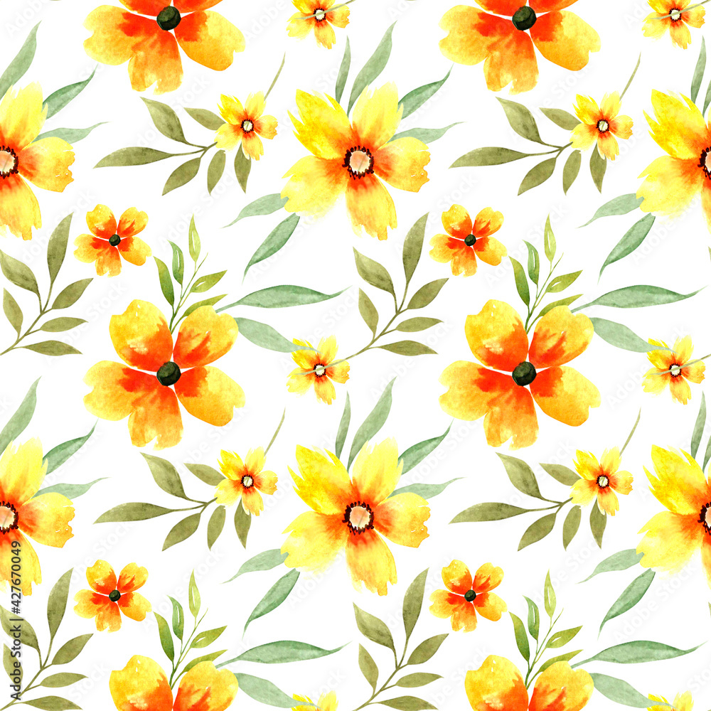 Obraz premium Seamless pattern of watercolor yellow flowers on a white background.