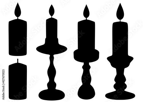 Burning candle and candlestick set. Vector image.