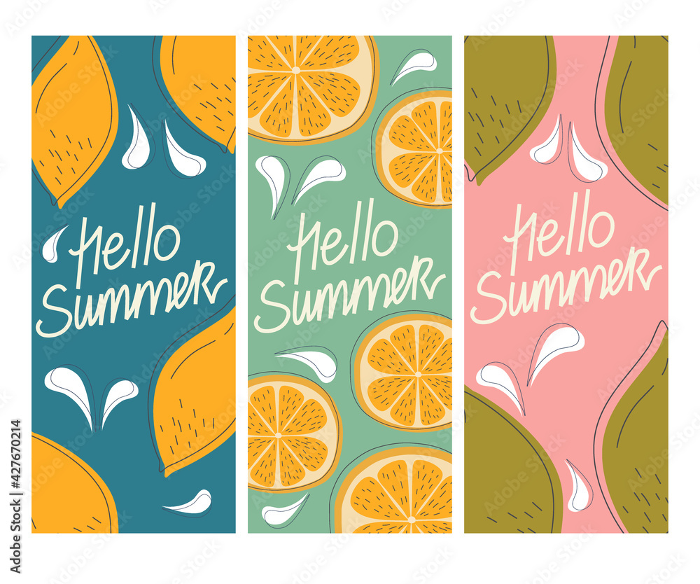 Vector set of summer greeting cards, banners, cover template hello summer fruit. Orange, lemon, lime on postcards hand-written text. Brochure design in a flat style with lines and splashes