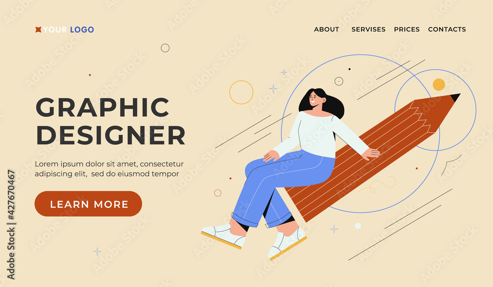 Graphic designer landing page. Woman flies on a big pencil and doing creative work. Vector flat cartoon illustration Graphic designer landing page. Woman flies on a big pencil and doing creative work. Vector flat cartoon illustration
