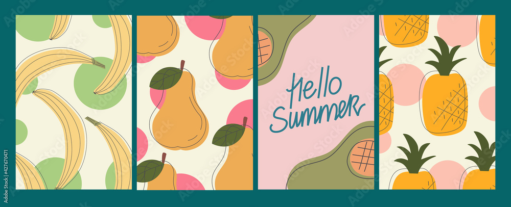 Vector set of summer greeting cards, banners, hello summer cover template, fruits. Avocado, pineapple, banana, pear handwritten postcards. Brochure design in a flat style with lines and splashes