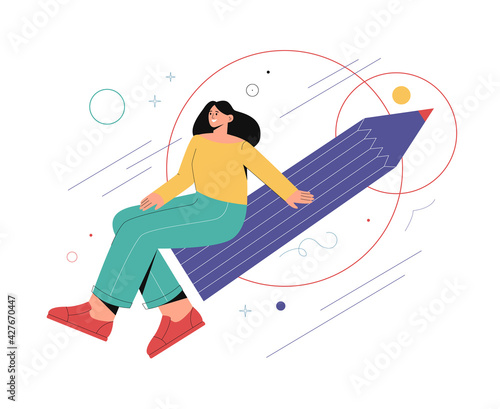Graphic designer concept. Woman holding big pencil and doing creative work. Vector flat cartoon illustration