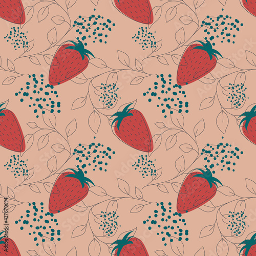 Red strawberries on beige background fruit seamless pattern. Vector illustration of an infinite pattern with linear leaves and colored drops. Ripe juicy fruits in a flat linear style