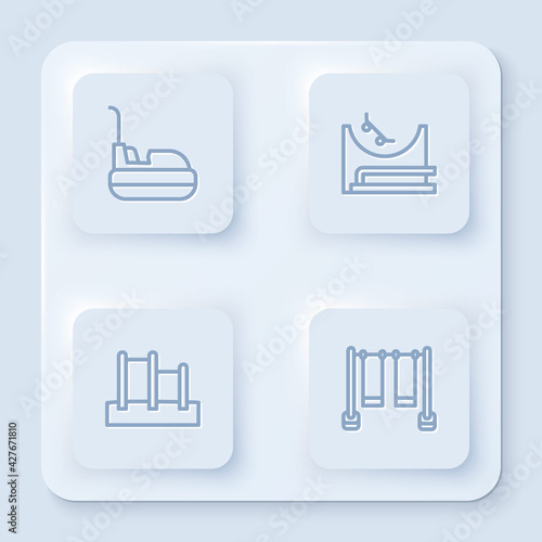 Set line Bumper car, Skate park, Horizontal bar and Double swing. White square button. Vector