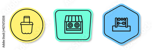 Set line Sand in bucket, Shooting gallery and Abacus. Colored shapes. Vector