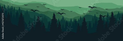 landscape of forest mountains vector illustration flat design template for web banner, travel and tourism, desktop wallpaper and backdrop