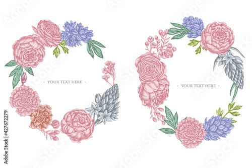 Floral Wreath of pastel peony, carnation, ranunculus, wax flower, ornithogalum, hyacinth
